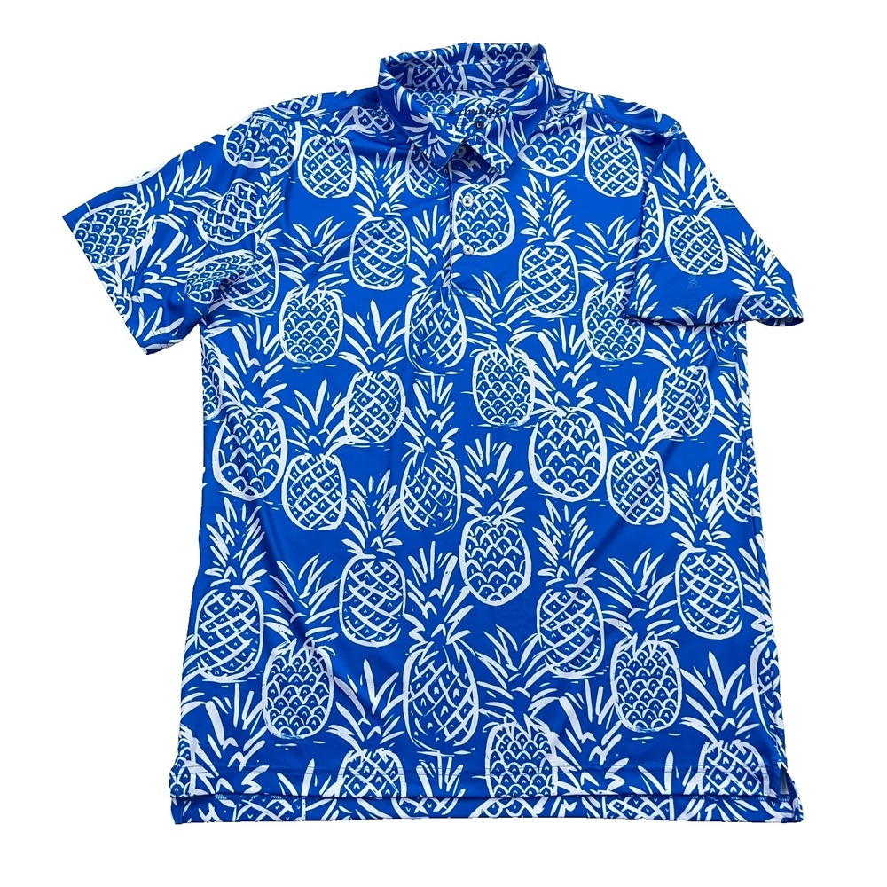 Chubbies‎ Polo Shirt Men Large Blue Pineapple Print Performance Golf Wicking